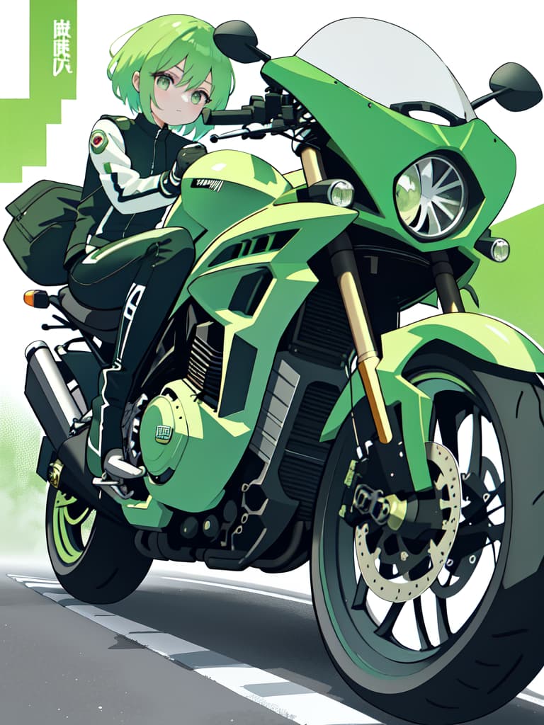  Motorcycle green hair character, masterpiece, best quality,8k,ultra detailed,high resolution,an extremely delicate and beautiful,hyper detail