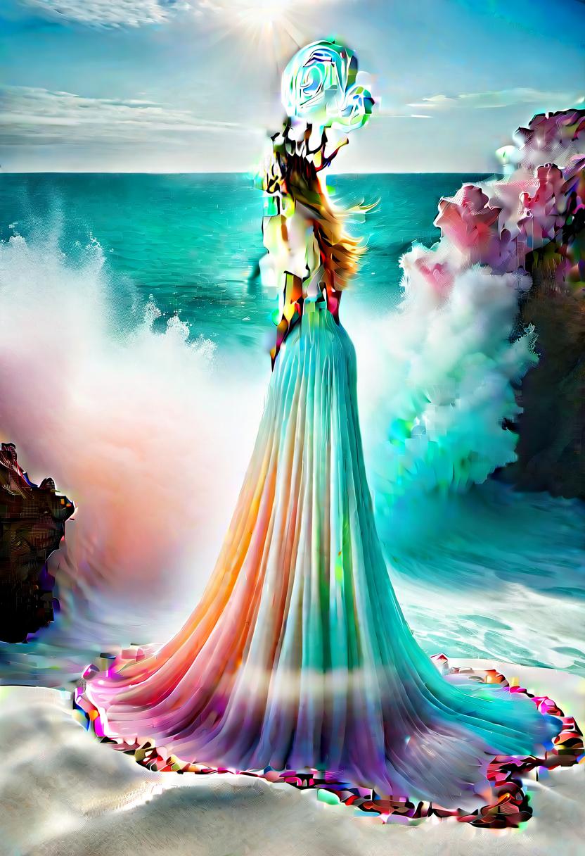  hyperrealistic art a mesmerizing image with a beautiful young woman inside, standing on a sea shell, wearing a turquoise peplos, with a crown of their corals and pearls on her head, a breathtaking view of pastel colored powder exploding in all directions, beautifully frozen in time thanks to super long shutter speeds and slow motion photography techniques shutter The explosion occurs in front of a wall, where an explosion of colorful pastel powders brings to life a painting resembling a jellyfish floating gracefully above the water. The image, possibly a photograph, shows exquisite attention to detail and subtle colors blend harmoniously to create a truly stunning and high quality visual masterpiece. . extremely high resolution details, pho hyperrealistic, full body, detailed clothing, highly detailed, cinematic lighting, stunningly beautiful, intricate, sharp focus, f/1. 8, 85mm, (centered image composition), (professionally color graded), ((bright soft diffused light)), volumetric fog, trending on instagram, trending on tumblr, HDR 4K, 8K