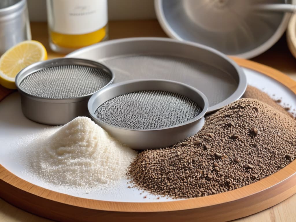  A minimalistic and sleek image showing an array of different types of sifters and sieves neatly arranged on a light wooden tabletop, with soft natural lighting casting gentle shadows. Each sifter varies in size, shape, and mesh pattern, showcasing the diversity of tools available for pastry and baking enthusiasts. The composition is clean, with a focus on the intricate details of the sifters, highlighting their functionality and design. hyperrealistic, full body, detailed clothing, highly detailed, cinematic lighting, stunningly beautiful, intricate, sharp focus, f/1. 8, 85mm, (centered image composition), (professionally color graded), ((bright soft diffused light)), volumetric fog, trending on instagram, trending on tumblr, HDR 4K, 8K