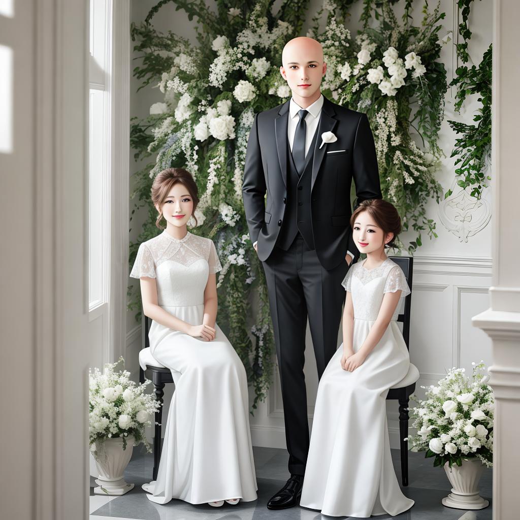  masterpiece, best quality, photo of a family , bald husband wear formal suit sit , and his wear a white dress sit with her husband , and a twin standing with white dress