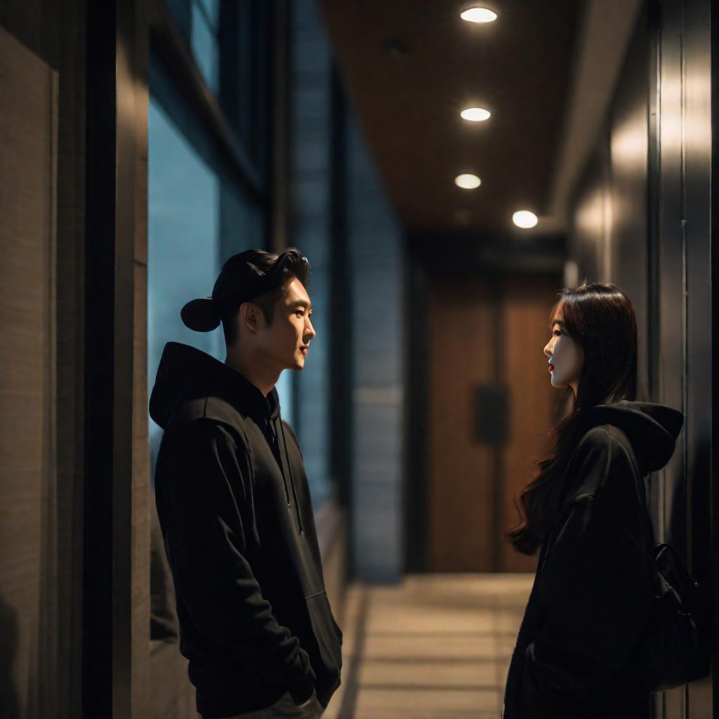  cinematic film still of handsome korean man, in a black hoodie, and a beautiful korean girl with long hair, talking near the door to an apartment, night, dim light, 8k, raw photo, best quality, ultrarealistic, ultra-detailed,  vignette, highly detailed, high budget, bokeh, cinemascope, moody, epic, gorgeous, film grain, grainylora:xlrealbeta1:0.5, shallow depth of field, vignette, highly detailed, high budget, bokeh, cinemascope, moody, epic, gorgeous, film grain, grainyneg promtanime, cartoon, graphic, text, painting, crayon, graphite, abstract, glitch, deformed, mutated, ugly, disfigured, anime, cartoon, graphic, text, painting, crayon, graphite, abstract, glitch, gaussian noise, badly drawn, poorly drawn,  blurry, cute, hyper detail, ful hyperrealistic, full body, detailed clothing, highly detailed, cinematic lighting, stunningly beautiful, intricate, sharp focus, f/1. 8, 85mm, (centered image composition), (professionally color graded), ((bright soft diffused light)), volumetric fog, trending on instagram, trending on tumblr, HDR 4K, 8K