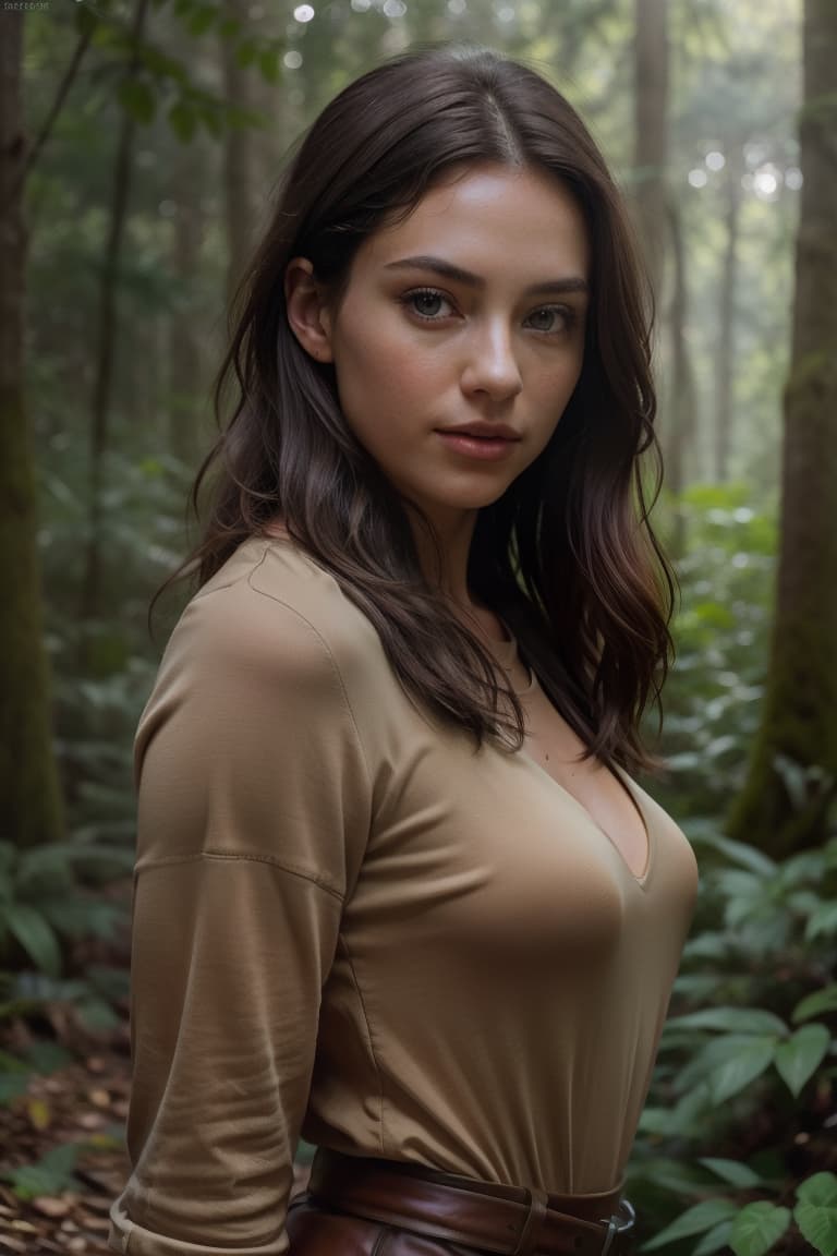  photo of a cute 25-year- woman with dark brown hair and green eyes, showing her and wearing a , s visible, s covered, in a forest setting,,in the woods,standing, masterpiece, best quality, (photorealistic:1.4), perfect lighting, (photorealism:1.4), beautiful, best quality, aesthetic, high quality, best quality, 4k, , perfect lighting, masterpiece, symmetric eyes