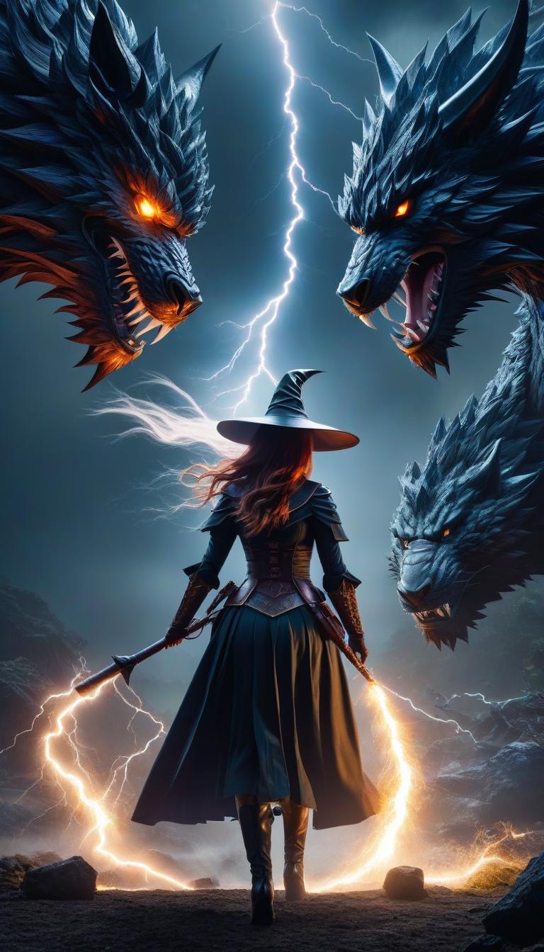  digital art + 3d + photography, magnificent woman witch in combat pose throws a lightning at a monster, rendering, in the style of game fantasy, beautiful light, beautiful proportions, black textures, detailed, skin, metal, fabrics, glow. Against the backdrop of a battlefield. hyperrealistic, full body, detailed clothing, highly detailed, cinematic lighting, stunningly beautiful, intricate, sharp focus, f/1. 8, 85mm, (centered image composition), (professionally color graded), ((bright soft diffused light)), volumetric fog, trending on instagram, trending on tumblr, HDR 4K, 8K