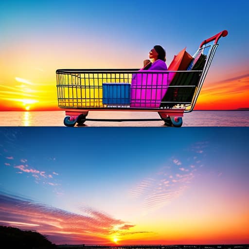  Generate an image featuring a vibrant, colorful sunset with elements of e-commerce and digital marketing like social media icons and a shopping cart subtly incorporated within the scene. Add facial expressions on potential customers enjoying the sunset, indicating a positive response to the advertisement. Ensure an overall joyful, engaging atmosphere without using any logos.