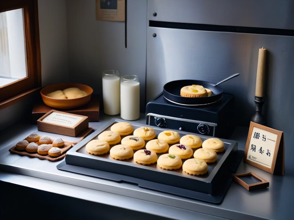  A highresolution image of a vintage kitchen with minimalistic design, showcasing a small, rustic oven filled with baking trays of traditional wartime pastries like rationed sugar cookies and simple sponge cakes. The scene captures the essence of resilience and creativity during World War II, with subtle details like faded recipe cards and worn utensils hinting at the era's challenges and innovations in wartime baking. hyperrealistic, full body, detailed clothing, highly detailed, cinematic lighting, stunningly beautiful, intricate, sharp focus, f/1. 8, 85mm, (centered image composition), (professionally color graded), ((bright soft diffused light)), volumetric fog, trending on instagram, trending on tumblr, HDR 4K, 8K