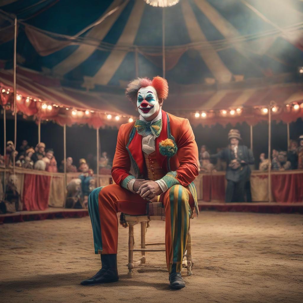  A circus, clowns in the arena. hyperrealistic, full body, detailed clothing, highly detailed, cinematic lighting, stunningly beautiful, intricate, sharp focus, f/1. 8, 85mm, (centered image composition), (professionally color graded), ((bright soft diffused light)), volumetric fog, trending on instagram, trending on tumblr, HDR 4K, 8K