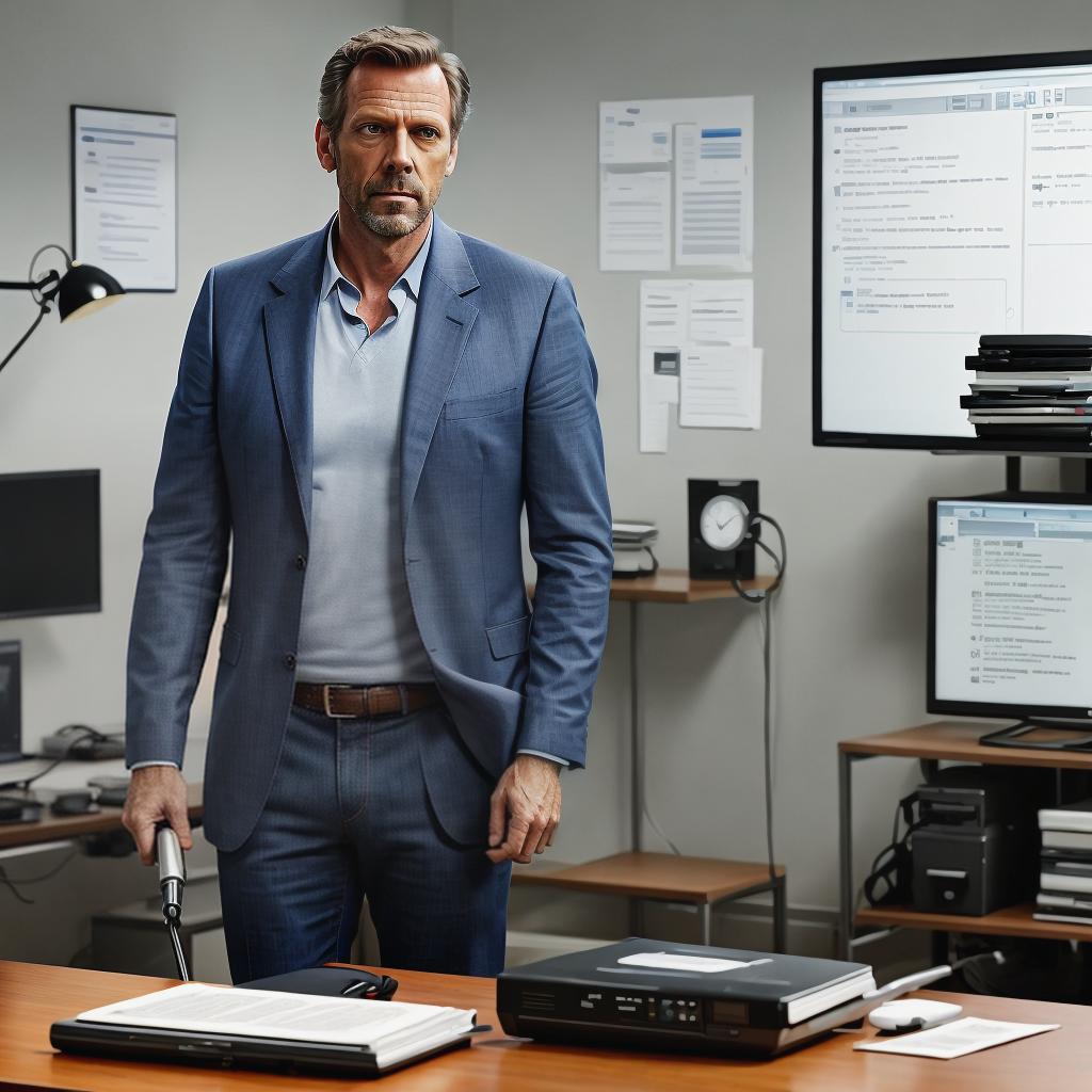  Anime pixar style of Dr. Gregory House from the TV series 'House M.D.'. The character resembles actor Hugh Laurie, with his signature stubble, piercing blue eyes, and slightly disheveled hair. He is wearing his usual outfit: a wrinkled blazer, a graphic t shirt underneath, and jeans. The scene is set in his office, with a cluttered desk, medical equipment, and the iconic whiteboard with medical notes in the background. Dr. House is holding a cane and has a thoughtful, yet slightly cynical expression on his face. hyperrealistic, full body, detailed clothing, highly detailed, cinematic lighting, stunningly beautiful, intricate, sharp focus, f/1. 8, 85mm, (centered image composition), (professionally color graded), ((bright soft diffused light)), volumetric fog, trending on instagram, trending on tumblr, HDR 4K, 8K