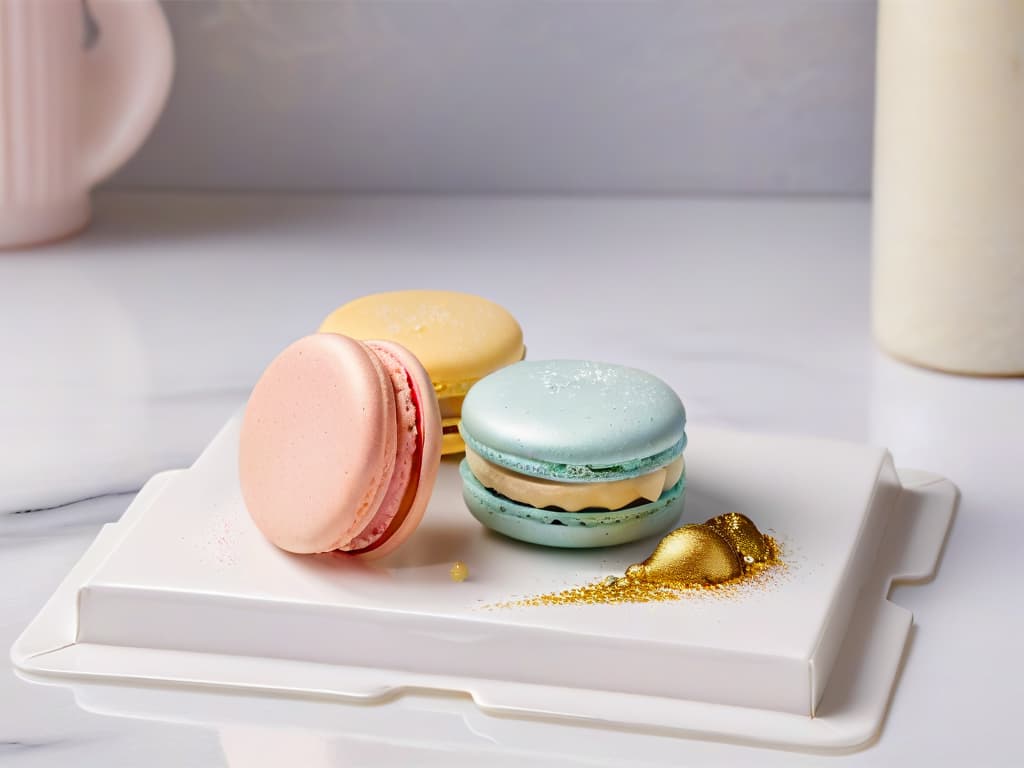  A closeup, photorealistic image of a pristine, pastelcolored macaron with a perfectly smooth, glossy surface, delicate feet, and a dusting of shimmering edible glitter, resting on a dainty, ornate porcelain saucer. The macaron is elegantly placed against a softfocus background of a chic, modern kitchen with marble countertops and sleek, minimalist decor, evoking a sense of precision and artistry in macaron making. hyperrealistic, full body, detailed clothing, highly detailed, cinematic lighting, stunningly beautiful, intricate, sharp focus, f/1. 8, 85mm, (centered image composition), (professionally color graded), ((bright soft diffused light)), volumetric fog, trending on instagram, trending on tumblr, HDR 4K, 8K