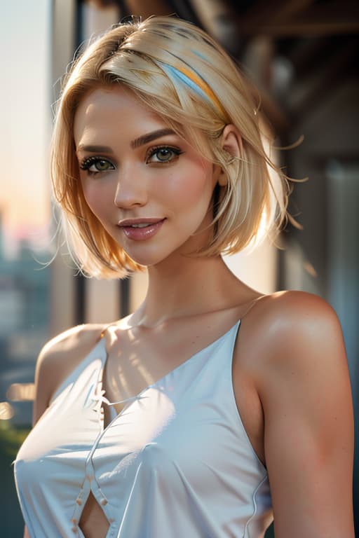  1girl,1girl,blonde short hair,straight hair,upper body shot,shirt,smile hyperrealistic, full body, detailed clothing, highly detailed, cinematic lighting, stunningly beautiful, intricate, sharp focus, f/1. 8, 85mm, (centered image composition), (professionally color graded), ((bright soft diffused light)), volumetric fog, trending on instagram, trending on tumblr, HDR 4K, 8K