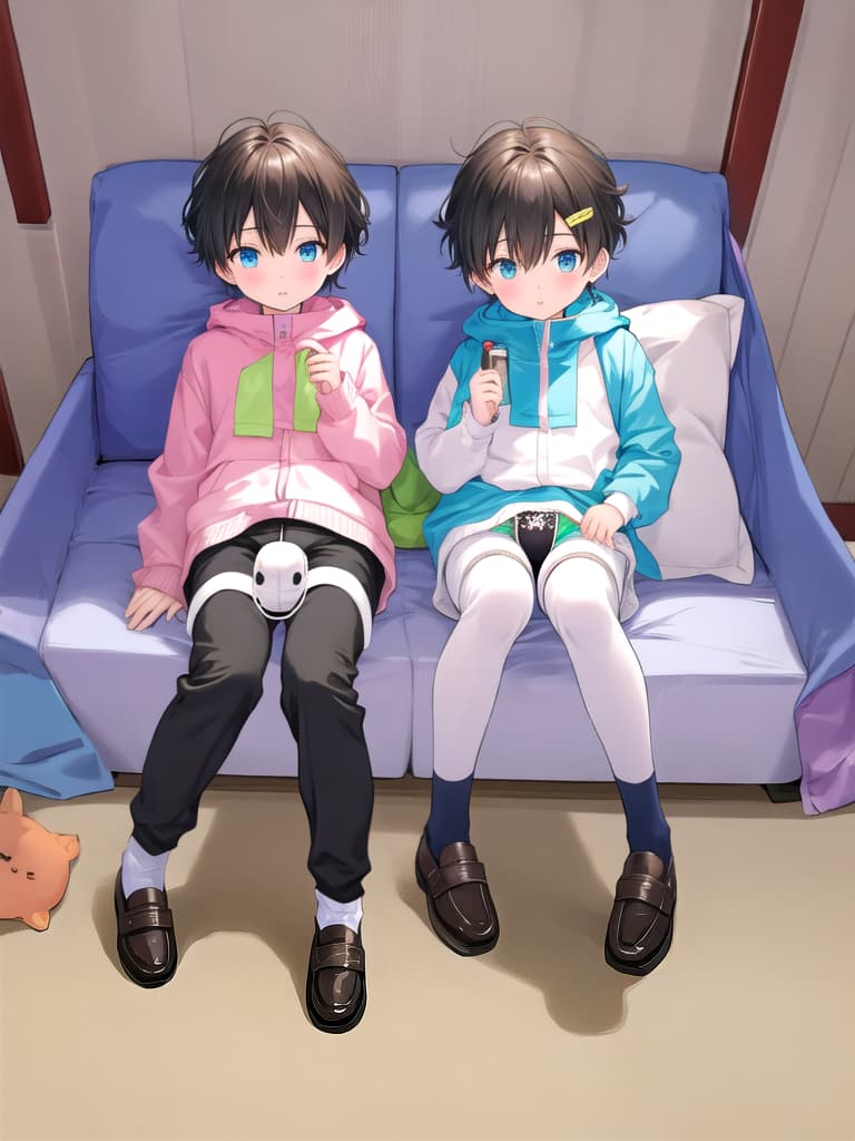  Two boys wearing peed diapers and pacifiers