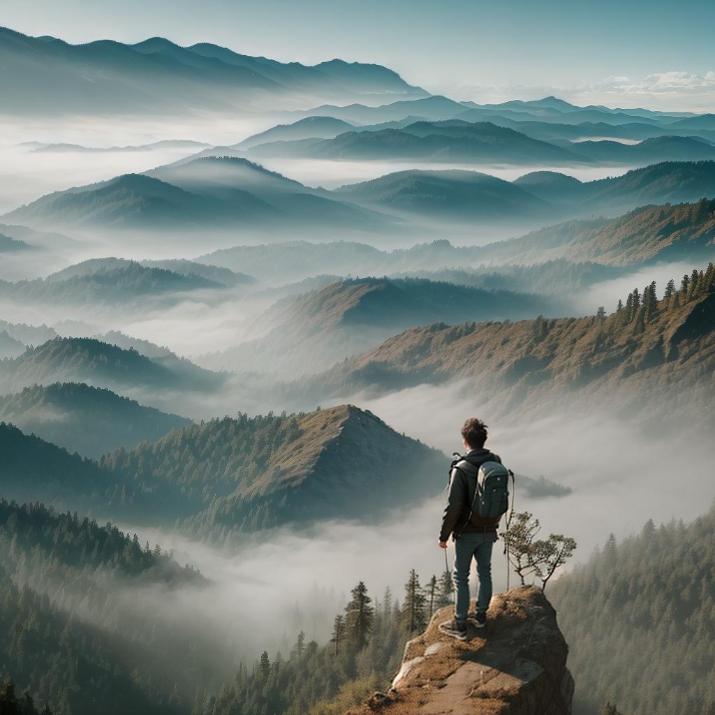  A lone traveler stands on the edge of a misty cliff overlooking a vast, unexplored forest. The traveler wears a worn leather jacket, a backpack slung over his shoulder, and a compass in his hand. The atmosphere is mysterious and adventurous, with a sense of anticipation and excitement. The style is a realistic photograph, vivid in color and clear in detail. Soft lighting, diffuse natural light, this photo was taken with a DSLR camera, using a wide-angle lens to capture the expansive landscape.