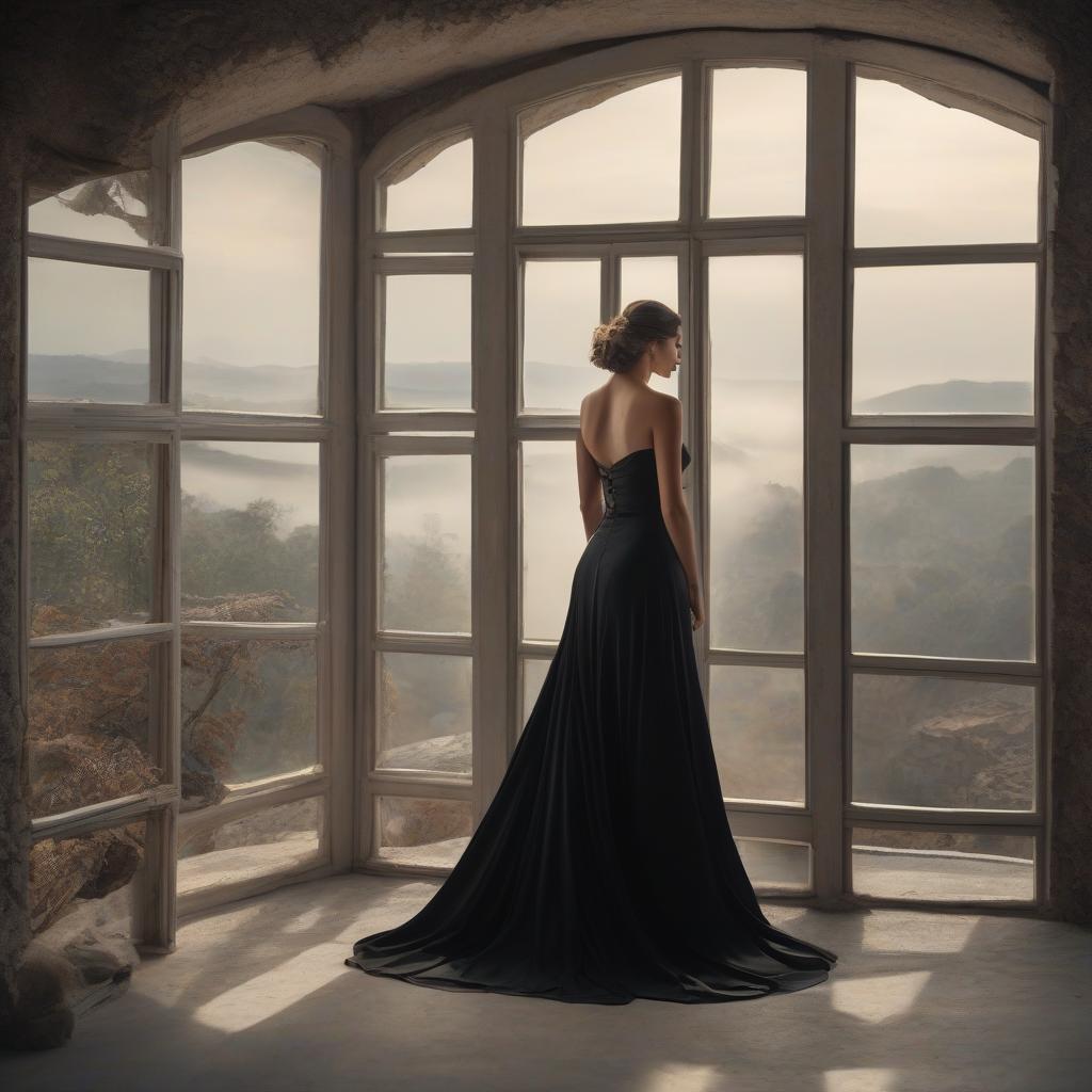  "Vintage sad beauty in a black dress looks out the window at the end of the world, 1990s." hyperrealistic, full body, detailed clothing, highly detailed, cinematic lighting, stunningly beautiful, intricate, sharp focus, f/1. 8, 85mm, (centered image composition), (professionally color graded), ((bright soft diffused light)), volumetric fog, trending on instagram, trending on tumblr, HDR 4K, 8K