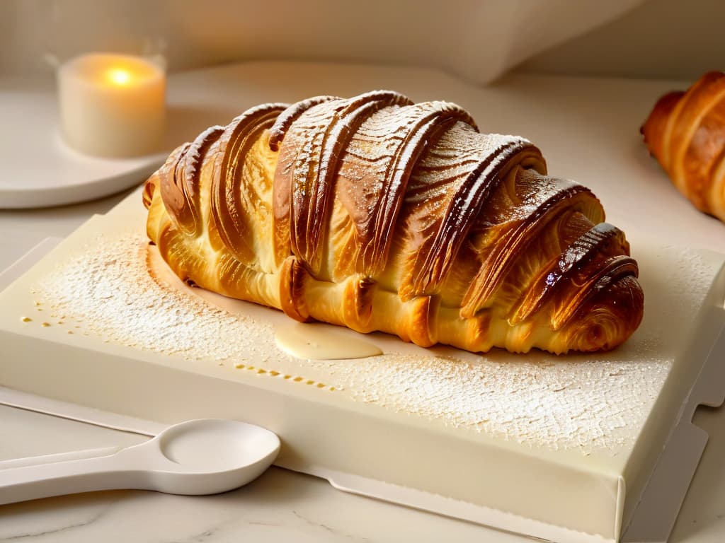  A highresolution, ultradetailed image of a delicate, golden croissant freshly baked, showcasing its flaky layers and buttery sheen. The croissant is placed on a simple, elegant white plate with a subtle dusting of powdered sugar, set against a soft, blurred background that hints at a cozy bakery atmosphere. The lighting is warm and inviting, emphasizing the rich, indulgent texture of the pastry. hyperrealistic, full body, detailed clothing, highly detailed, cinematic lighting, stunningly beautiful, intricate, sharp focus, f/1. 8, 85mm, (centered image composition), (professionally color graded), ((bright soft diffused light)), volumetric fog, trending on instagram, trending on tumblr, HDR 4K, 8K