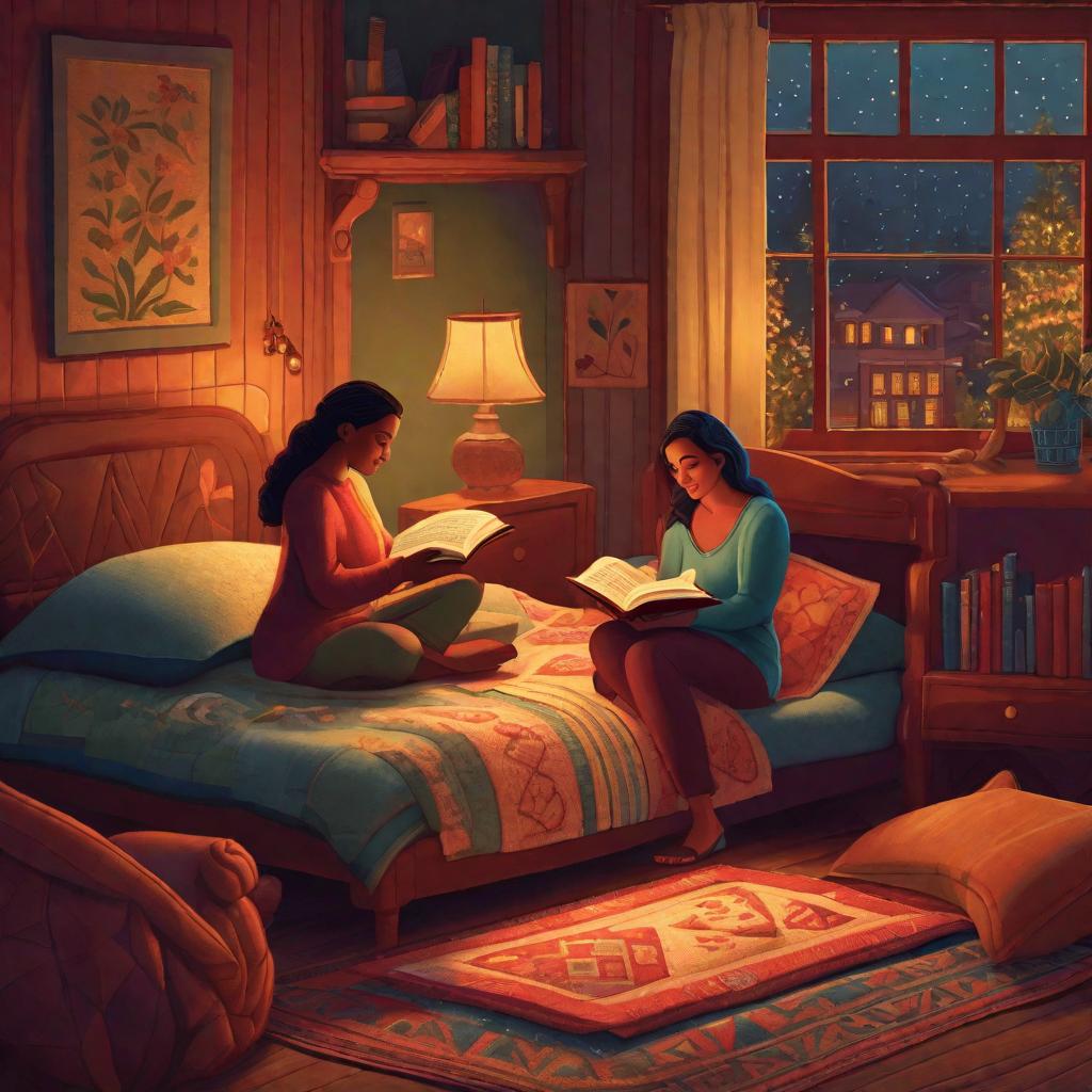  "An image showing a comforting indoor nighttime scene where a young and their mother are lying in a cozy . The mother and should be in-between layers of soft, quilts to depict the cozy atmosphere. The mother, showing a soft and serene expression, is holding an open storybook, rich with colorful ilrations that appear to come alive with her storytelling. The is lying down next to her, eyes sparkling wide with anticipation and excitement. The room should have a warm, ambient low light with perhaps a soft, tall-standing lamp in the background, emphasizing the magical atmosphere of the time story. Remember to keep the scene cute, -friendly and comforting, without any text, sch bubbles, letters or harsh e hyperrealistic, full body, detailed clothing, highly detailed, cinematic lighting, stunningly beautiful, intricate, sharp focus, f/1. 8, 85mm, (centered image composition), (professionally color graded), ((bright soft diffused light)), volumetric fog, trending on instagram, trending on tumblr, HDR 4K, 8K