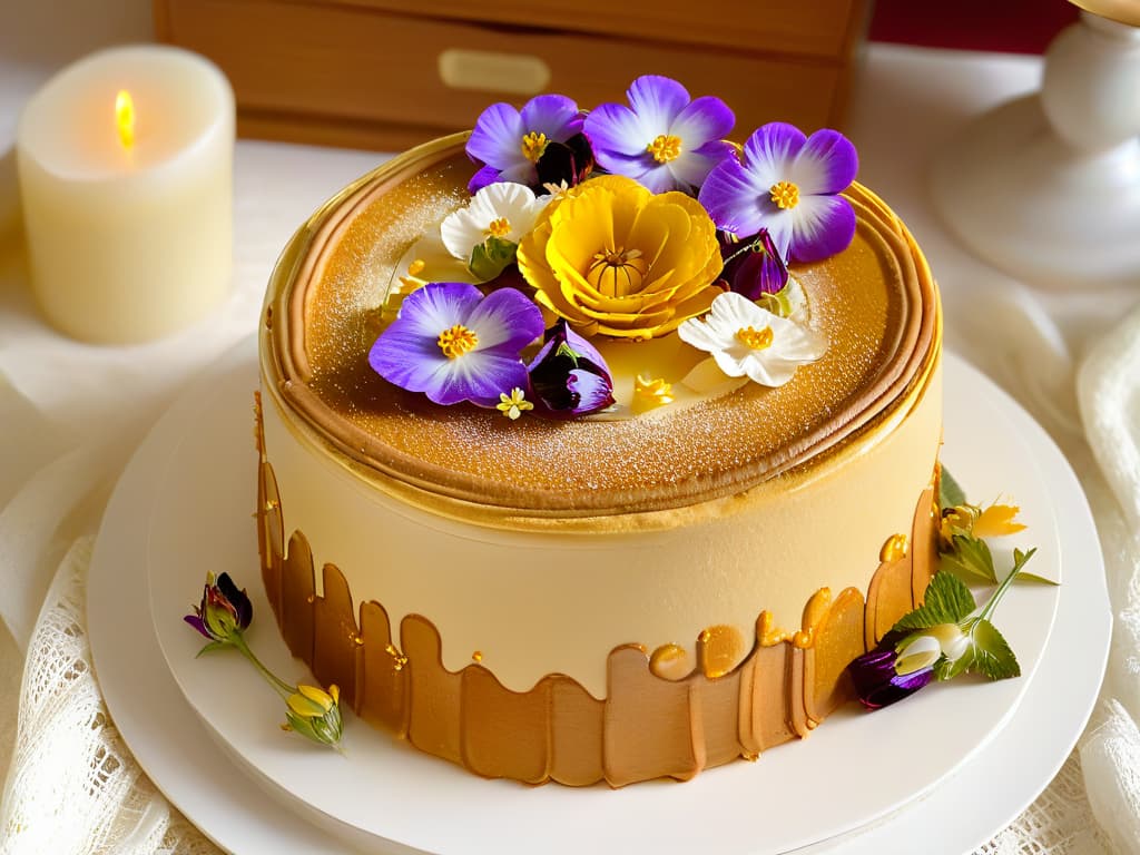  An ultradetailed closeup image of a beautifully decorated Russian honey cake, showcasing intricate layers of honeyinfused sponge cake and velvety smooth cream, topped with delicate edible flowers and gold leaf accents. The cake sits on a pristine white porcelain platter, surrounded by vintage silverware and a dainty lace doily, exuding an aura of elegance and tradition. The warm ambient lighting highlights the glossy sheen of the cake's surface, inviting the viewer to savor the rich flavors and cultural significance of this iconic Russian dessert. hyperrealistic, full body, detailed clothing, highly detailed, cinematic lighting, stunningly beautiful, intricate, sharp focus, f/1. 8, 85mm, (centered image composition), (professionally color graded), ((bright soft diffused light)), volumetric fog, trending on instagram, trending on tumblr, HDR 4K, 8K