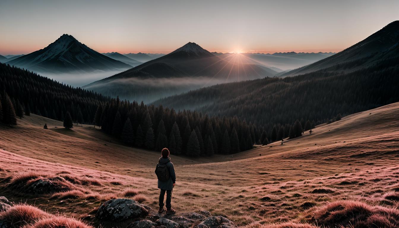  cinematic, aesthetic, Mountain silhouette at dawn, soft pink and orange hues, lone figure standing tall, calm and strength, sense of tranquility, 4k, HDR, lens flare