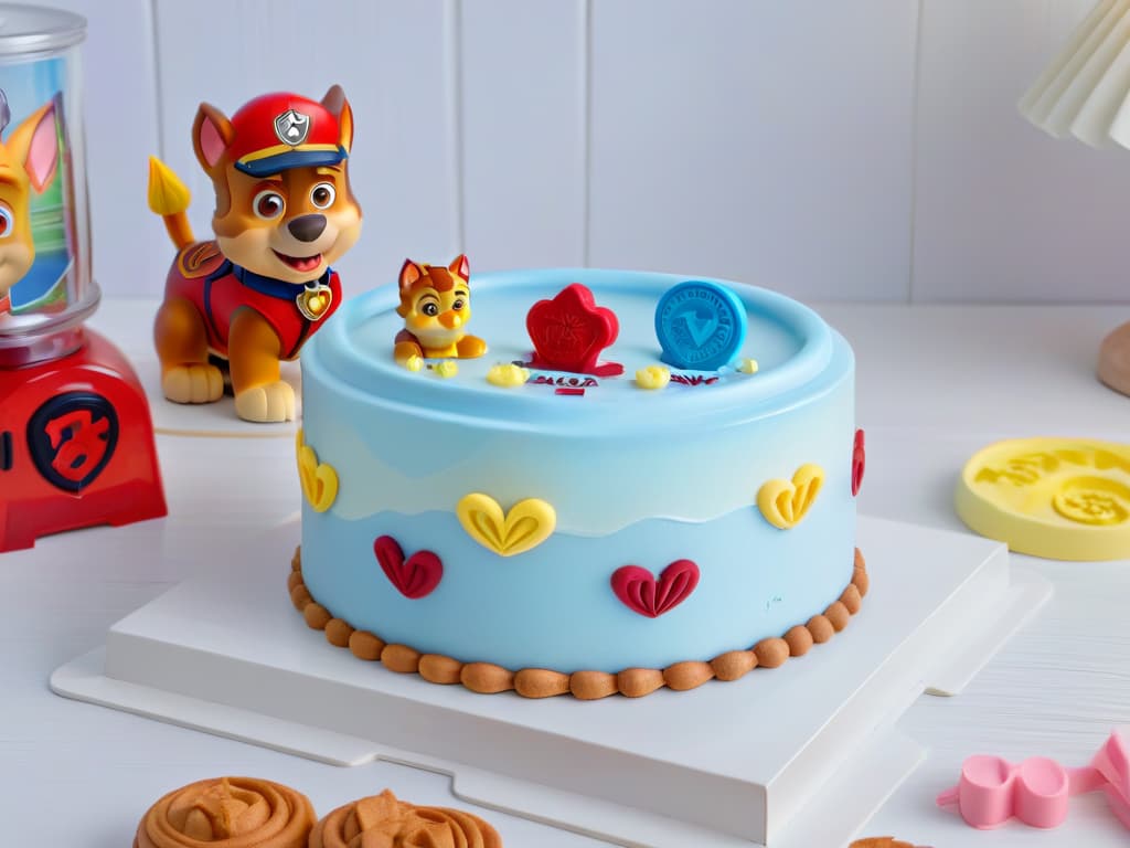  An ultradetailed, 8k resolution image of a sleek, modern kitchen countertop adorned with an array of meticulously arranged Paw Patrol themed baking supplies. In the center, a pristine white mixing bowl with the iconic Paw Patrol logo prominently displayed, surrounded by neatly organized Paw Patrol cookie cutters, cupcake molds, and vibrant food coloring bottles. The light from a nearby window casts a soft, inviting glow on the scene, highlighting the intricate details of each item and creating a serene, minimalist composition that perfectly captures the essence of Paw Patrolinspired baking. hyperrealistic, full body, detailed clothing, highly detailed, cinematic lighting, stunningly beautiful, intricate, sharp focus, f/1. 8, 85mm, (centered image composition), (professionally color graded), ((bright soft diffused light)), volumetric fog, trending on instagram, trending on tumblr, HDR 4K, 8K