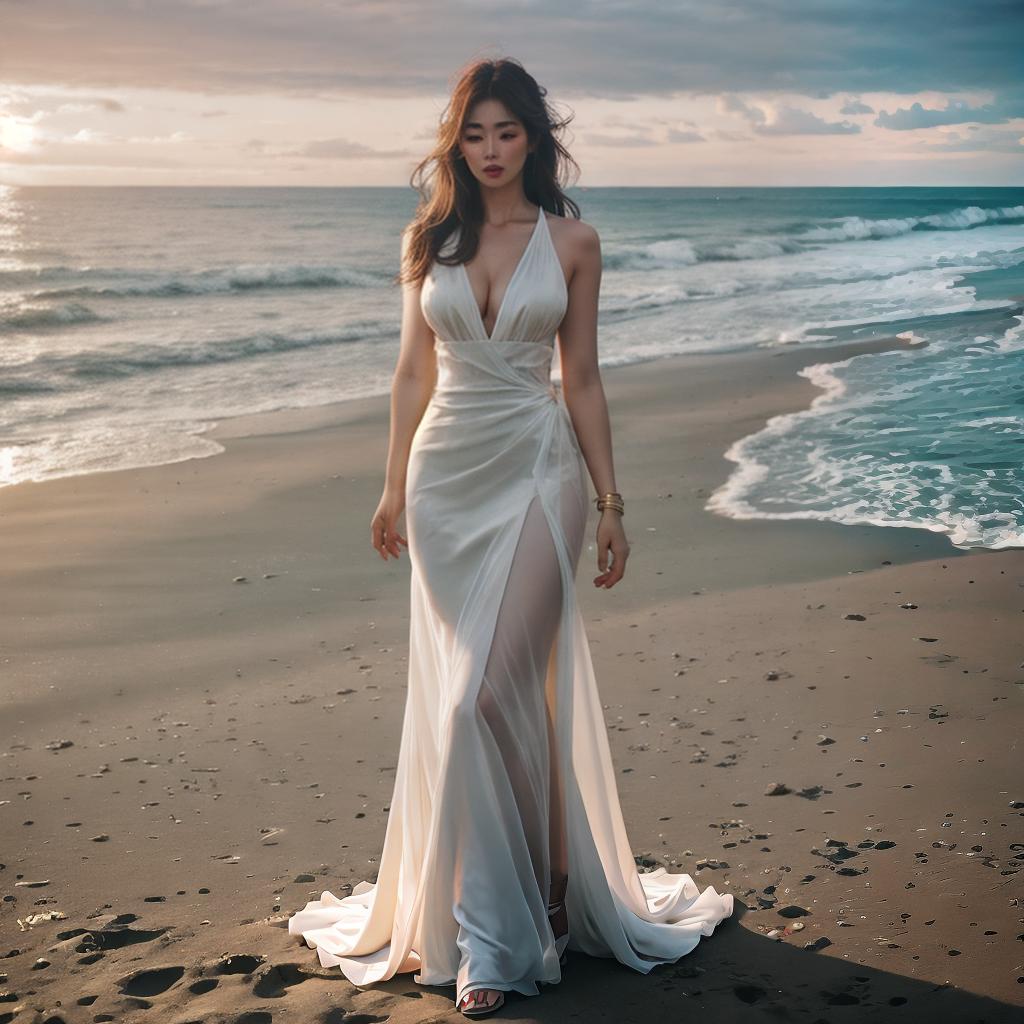  Girl on the beach hyperrealistic, full body, detailed clothing, highly detailed, cinematic lighting, stunningly beautiful, intricate, sharp focus, f/1. 8, 85mm, (centered image composition), (professionally color graded), ((bright soft diffused light)), volumetric fog, trending on instagram, trending on tumblr, HDR 4K, 8K