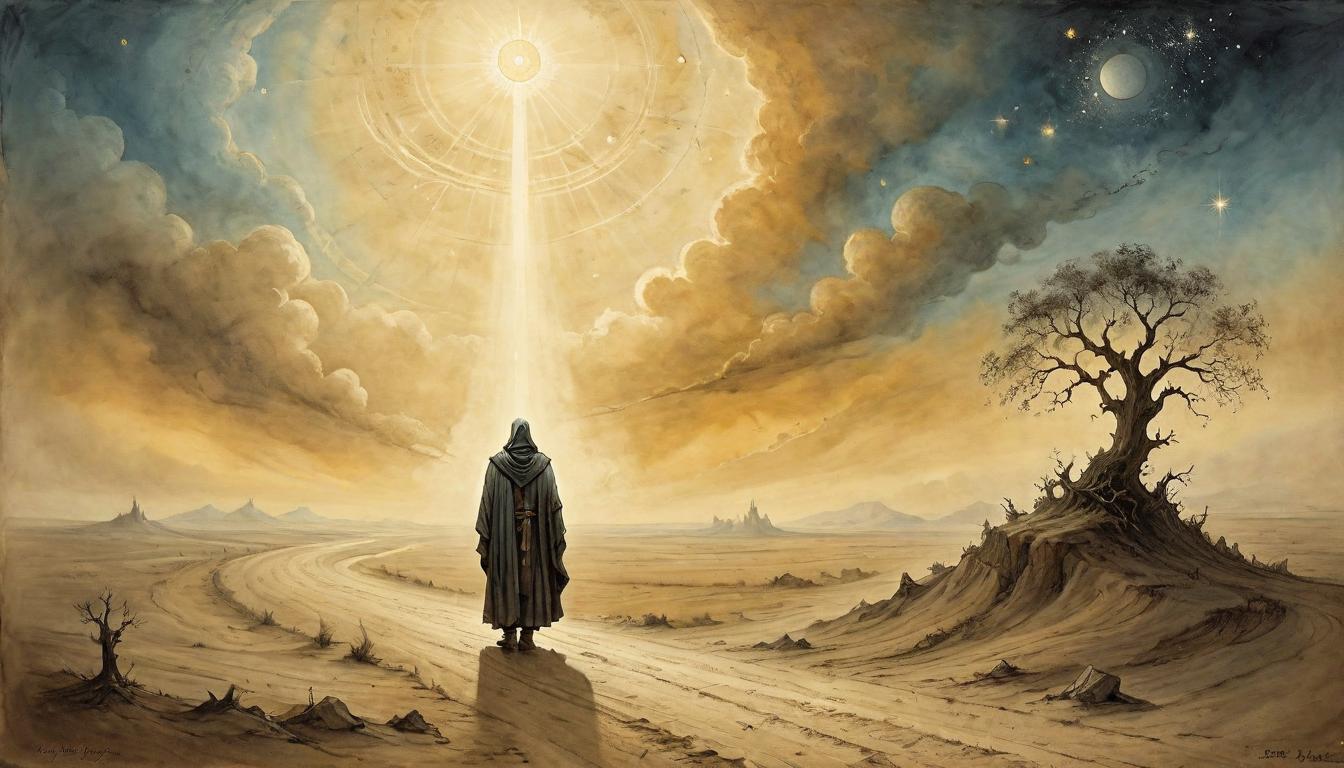  on parchment, surrealism+++, A figure kneeling on a dusty road, drenched in overwhelming light from above, symbolizing divine intervention, road stretches into horizon, blending earthly and celestial realms, transformative encounter, intense illumination signifies a turning point, moment of stark revelation and humility.(mysterious, provocative, symbolic,muted color)+++