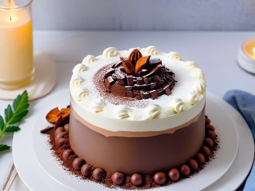  A highquality, ultradetailed image of a delicate dusting of cocoa powder being sifted over a perfectly layered tiramisù in a classic round glass dish. The cocoa powder falls like a fine mist, settling evenly on the creamy surface, creating a stunning contrast of dark powder against the light, smooth mascarpone layer. The image captures the essence of precision and artistry in the final step of preparing this iconic Italian dessert. hyperrealistic, full body, detailed clothing, highly detailed, cinematic lighting, stunningly beautiful, intricate, sharp focus, f/1. 8, 85mm, (centered image composition), (professionally color graded), ((bright soft diffused light)), volumetric fog, trending on instagram, trending on tumblr, HDR 4K, 8K