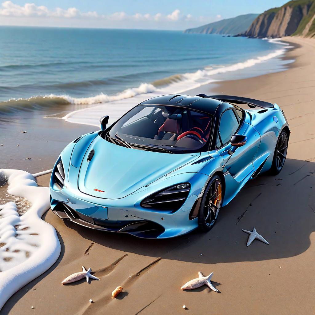  (best quality, masterpiece), (((high detail))), Mclaren 720s light blue in a moment of sea and makes squeaks on the beach