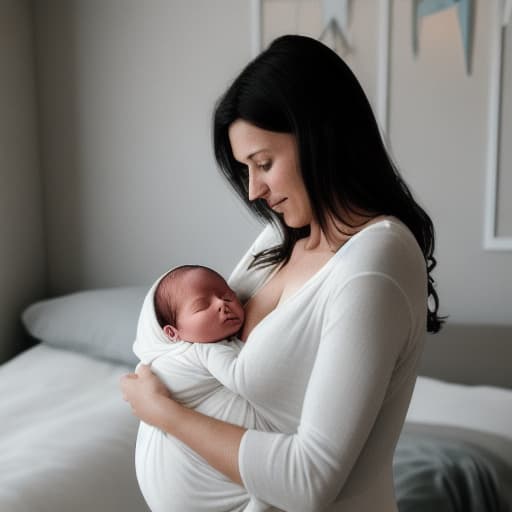  Create a very realistic image of a tender moment between a mother and her newborn in a soft-lit room. The mother, with a serene expression, gently holds the . She has dark hair, neatly arranged, and wears a simple yet elegant white . The , dressed in a light-colored onesie, is cradled comfortably in her arms. The background is bright and airy with sheer curtains diffusing the daylight. Warmth and maternal love radiate from the scene.