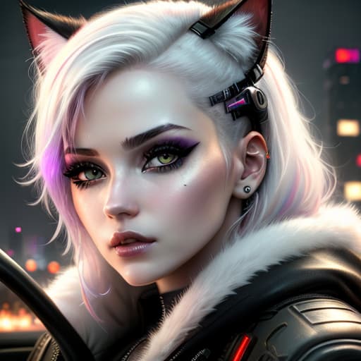  ultra realistic close up portrait ((beautiful pale cyberpunk female with heavy black eyeliner)), Cat animal driving a car