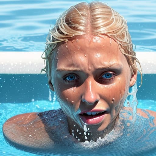  tanned blonde woman's face drowning and sinking in water she's panic