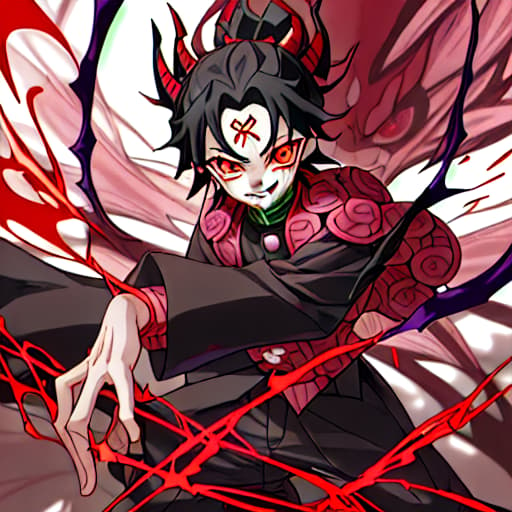  (Mitsuri Kanroji, Kimetsu no Yaiba), (High quality, masterpiece)+, (Evil smile ), (corrupted mind), (Red Scarlet eyes), (Fantasy Anime Devil Villain Dark and Red Devil Armor clothes)+,