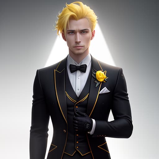  In the image, there is one young man. He is standing upright. He has yellow hair. He has blue eyes. On him, there is a black long tailcoat with yellow inserts. hyperrealistic, full body, detailed clothing, highly detailed, cinematic lighting, stunningly beautiful, intricate, sharp focus, f/1. 8, 85mm, (centered image composition), (professionally color graded), ((bright soft diffused light)), volumetric fog, trending on instagram, trending on tumblr, HDR 4K, 8K