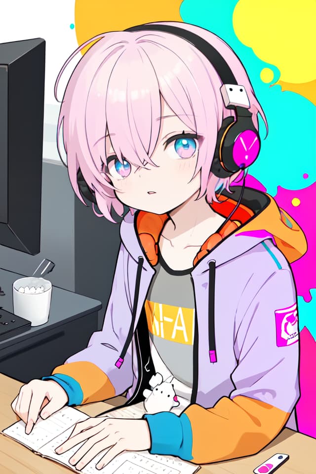  Colorful, boy, mash, young, 1, headphones, pets