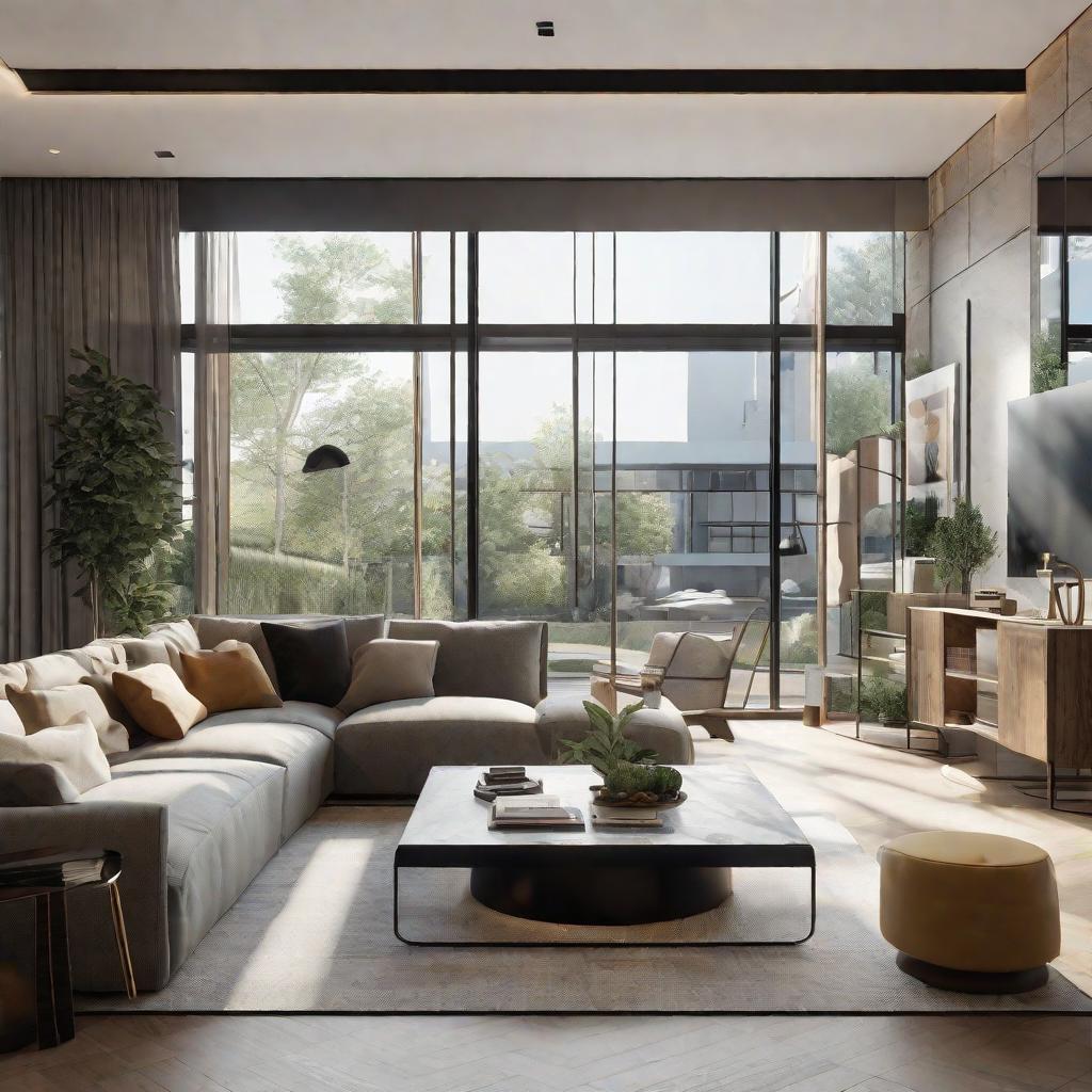  masterpiece, best quality, Best Quality, Masterpiece, 8k resolution,high resolution concept art of an apartment living room with floor to ceiling windows and modern furniture