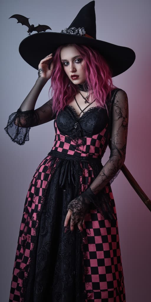  good quality, high quality, a gothpunk witch with a gothpunk hairstyle with pink highlights, coherently detailed perfectly manicured hands, wearing a big halloween themed witch hat, a long goth dress with lace and black and pink checkered pattern, a broom and bats. the background is a gradient