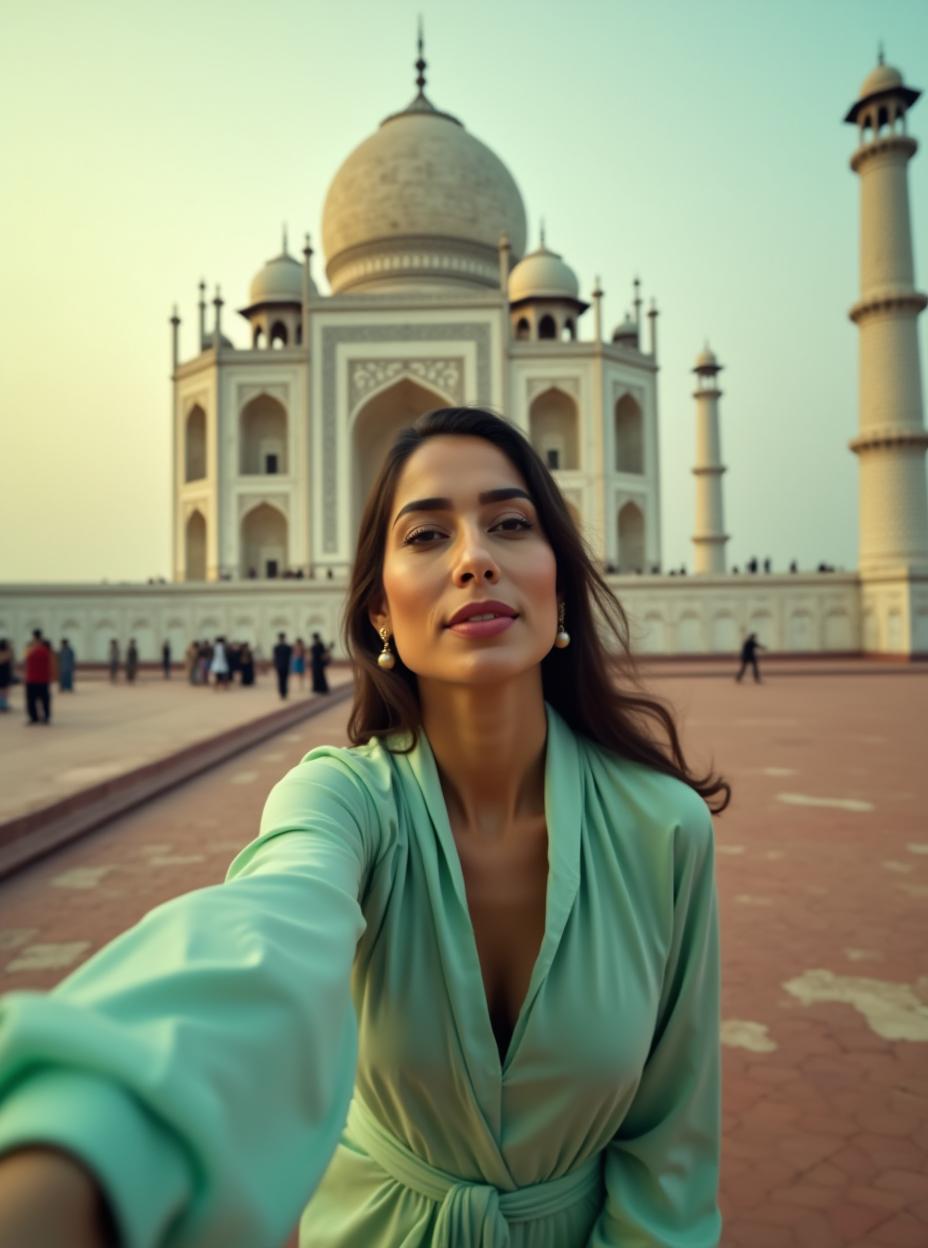  good quality, high quality, a low angle shot. an indian woman wearing a light green kameez is lowered and looking towards the camera, creating a dynamic and immersive perspective. taj mahal with dusky atmosphere in the background. the focus is on the woman, with a slight blur on the background to enhance depth. the lighting is natural, casting soft shadows and enhancing the serene, airy mood. a close up view emphasizes her movement and expression, conveying a sense of freedom and elegance.