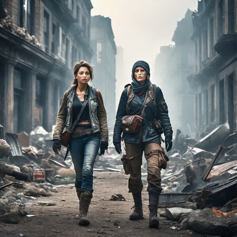  Post-apocalyptic survivors scavenging in a ruined city hyperrealistic, full body, detailed clothing, highly detailed, cinematic lighting, stunningly beautiful, intricate, sharp focus, f/1. 8, 85mm, (centered image composition), (professionally color graded), ((bright soft diffused light)), volumetric fog, trending on instagram, trending on tumblr, HDR 4K, 8K