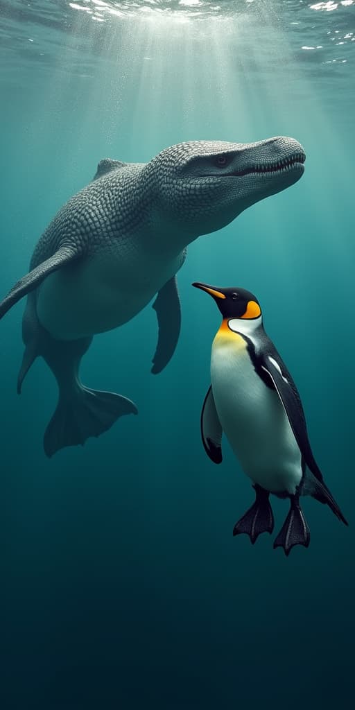  good quality, high quality, a penguin and a mosasaurus swimming together in the water, epic, realistic, highly detailed