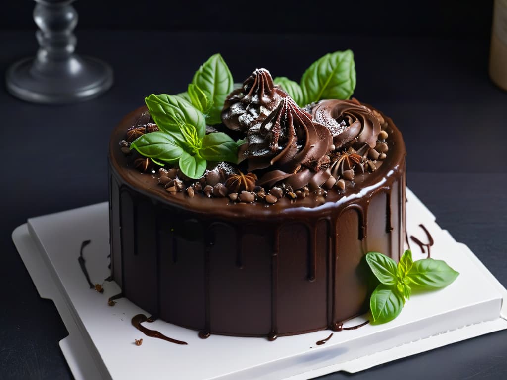  An ultradetailed, minimalist image of a decadent chocolate cake topped with fresh sprigs of vibrant green basil leaves, set on a sleek white porcelain plate against a matte black backdrop. The glossy ganache glaze on the cake gleams under soft, natural lighting, showcasing the intricate swirls and rich texture, while the basil leaves add a pop of contrasting color and a hint of herbal freshness to the luxurious dessert. hyperrealistic, full body, detailed clothing, highly detailed, cinematic lighting, stunningly beautiful, intricate, sharp focus, f/1. 8, 85mm, (centered image composition), (professionally color graded), ((bright soft diffused light)), volumetric fog, trending on instagram, trending on tumblr, HDR 4K, 8K