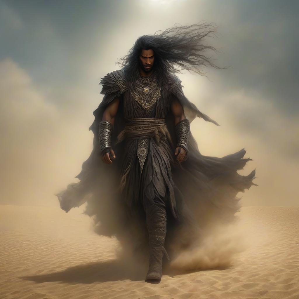  horror themed God of darkness, lord of the desert, a black man with long black hair, hovers above the sands in the rays of the setting sun, a dust storm approaches, darkness descends, mysticism. . eerie, unsettling, dark, spooky, suspenseful, grim, highly detailed hyperrealistic, full body, detailed clothing, highly detailed, cinematic lighting, stunningly beautiful, intricate, sharp focus, f/1. 8, 85mm, (centered image composition), (professionally color graded), ((bright soft diffused light)), volumetric fog, trending on instagram, trending on tumblr, HDR 4K, 8K