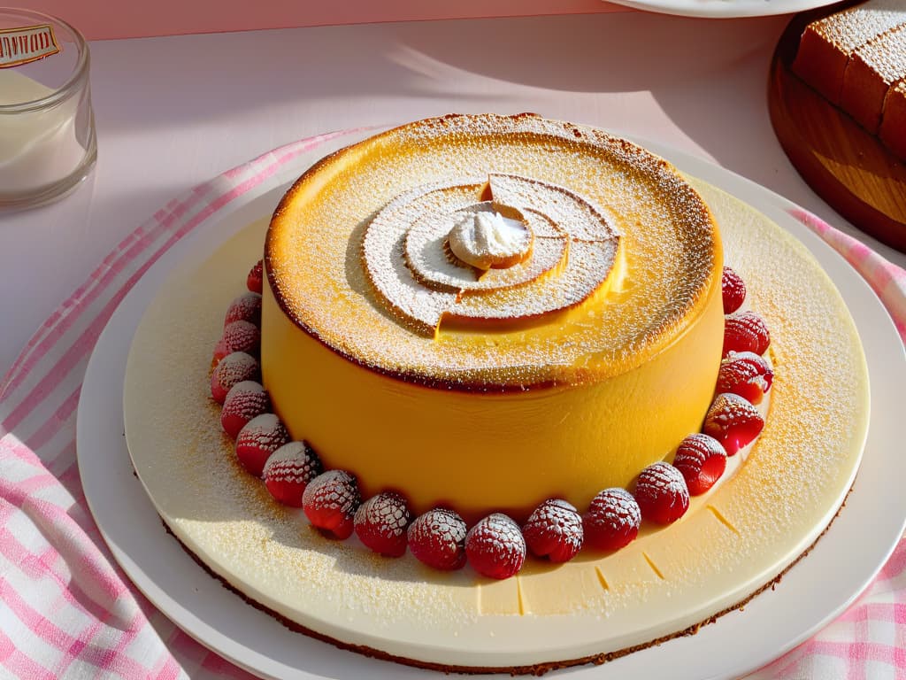  A closeup, highresolution image of a freshly baked, perfectly goldenbrown "pastel de queso sedoso", showcasing its smooth, creamy texture with a slight glisten on top. The cake is elegantly dusted with a light sprinkle of powdered sugar, and a few fresh raspberries are artfully arranged around the plate, adding a pop of vibrant color to the composition. The lighting is soft, highlighting the richness of the dessert and creating an inviting, mouthwatering visual for the readers. hyperrealistic, full body, detailed clothing, highly detailed, cinematic lighting, stunningly beautiful, intricate, sharp focus, f/1. 8, 85mm, (centered image composition), (professionally color graded), ((bright soft diffused light)), volumetric fog, trending on instagram, trending on tumblr, HDR 4K, 8K