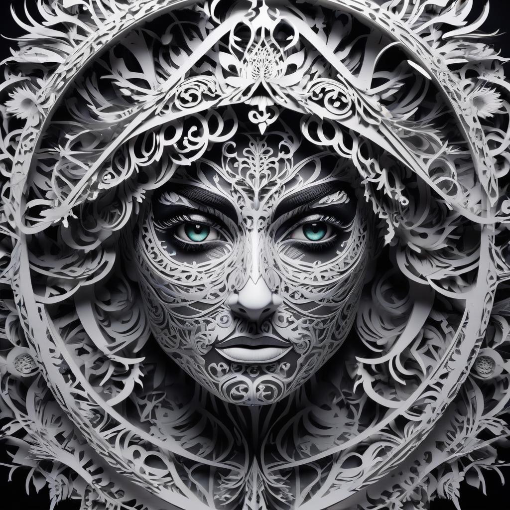  stacked papercut art of "Fear in eyes" . 3D, layered, dimensional, depth, precision cut, stacked layers, papercut, high contrast hyperrealistic, full body, detailed clothing, highly detailed, cinematic lighting, stunningly beautiful, intricate, sharp focus, f/1. 8, 85mm, (centered image composition), (professionally color graded), ((bright soft diffused light)), volumetric fog, trending on instagram, trending on tumblr, HDR 4K, 8K