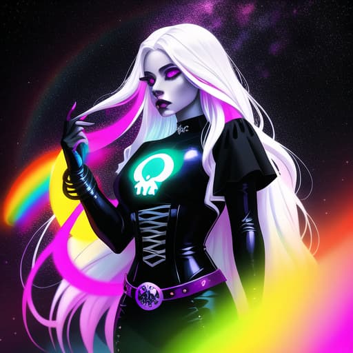  Gorgeous demon girl with long rainbow hair, curvy body, black gothic style clothing, holding a glowing rainbow skull, celestial realms ai art style, black and rainbow paint splash background with small white stars, Comic art, high quality, highly detailed, intricate, sharp focus, (centered image composition), (professionally color graded), ((western omit style)), volumetric fog, trending on instagram, HDR 4K, 8K