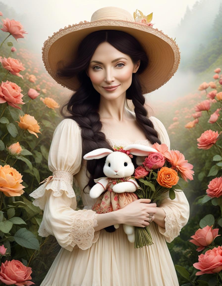  by (Wendy Froud). coloring style, black and white illustration, line art. {a smiling doll in the TILDA style holds in her hands a soft toy bunny in the style of a Teddy bear, short wavy hair, a straw hat decorated with large flowers and ribbons on her head, dressed in a light summer sundress with flounces and lace, rose flowers in the background}, good detail, central location, zentangle. well drawn details. beautiful flowers, by Wendy Froud, Fatima Ronquillo hyperrealistic, full body, detailed clothing, highly detailed, cinematic lighting, stunningly beautiful, intricate, sharp focus, f/1. 8, 85mm, (centered image composition), (professionally color graded), ((bright soft diffused light)), volumetric fog, trending on instagram, trending on tumblr, HDR 4K, 8K