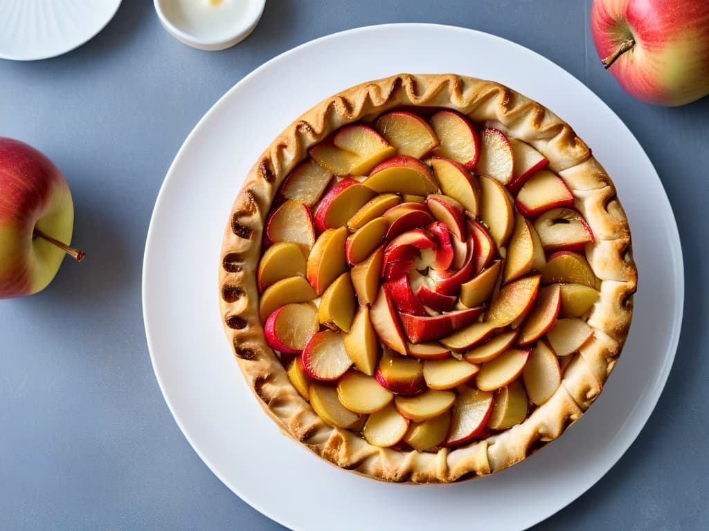  A minimaliststyle image of a freshly baked apple pie with a golden, flaky crust, topped with thinly sliced apple pieces arranged in a beautiful spiral pattern. The pie sits on a sleek, white ceramic plate, set against a clean, uncluttered background to emphasize its simplicity and elegance. The soft natural light enhances the pie's warm tones, making it look inviting and mouthwatering. hyperrealistic, full body, detailed clothing, highly detailed, cinematic lighting, stunningly beautiful, intricate, sharp focus, f/1. 8, 85mm, (centered image composition), (professionally color graded), ((bright soft diffused light)), volumetric fog, trending on instagram, trending on tumblr, HDR 4K, 8K