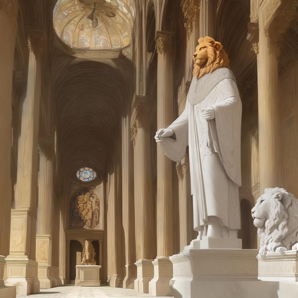  A majestic lion headed man, reminiscent of the mythical Sphinx, stands tall in a magnificent Romanesque courtyard. The lion headed man bears a striking resemblance to Julius Caesar, exuding authority and power. His blond hair cascades down his broad shoulders, adding a touch of ethereal beauty to his majesty. The setting is decorated with marble columns and intricate mosaic floors, evoking a sense of grandeur and affluence. The atmosphere is one of majestic power and leadership, filled with reverence and awe. This cue is captured in the style of classical painting, bringing to life the mythological fusion of man and animal. Soft diffuse lighting casts a soft glow on the lion headed person, a cue that requires the use of high resolution came