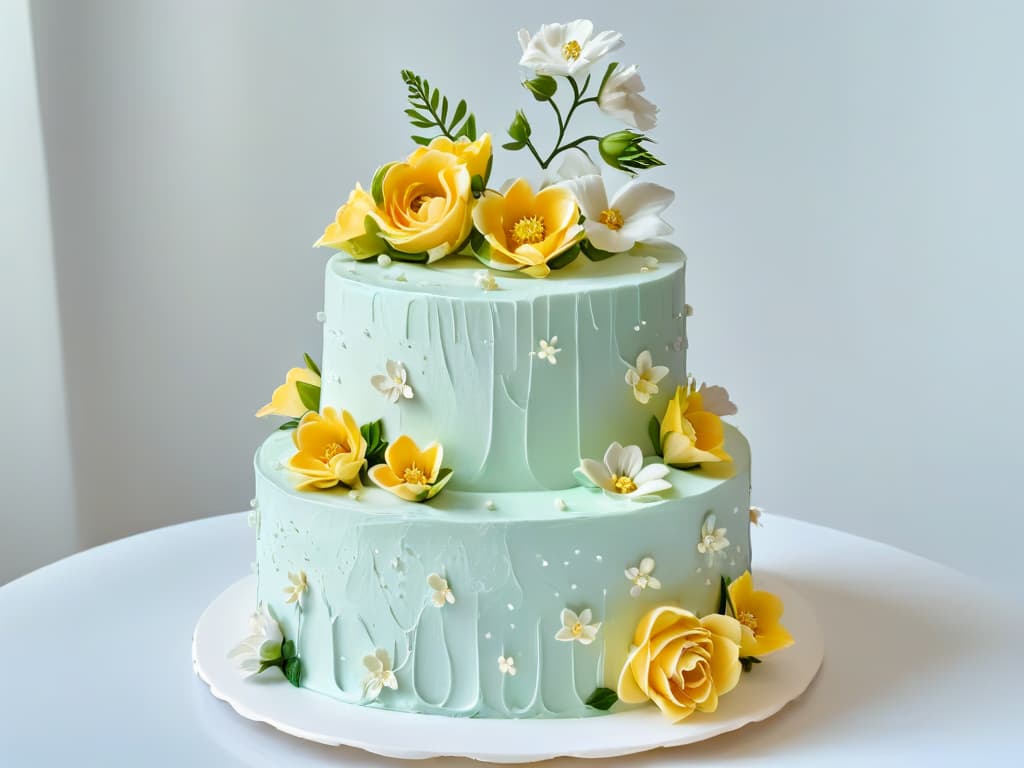  A closeup, ultradetailed image of a shimmering, intricately decorated wedding cake adorned with delicate sugar flowers and elegant piping details, set against a clean, white background. The soft, warm lighting highlights the craftsmanship of the cake, showcasing its flawless design and artistry. Each petal and swirl of frosting is meticulously crafted, creating a visually stunning and mouthwatering centerpiece that embodies the art of pastry making in augmented reality. hyperrealistic, full body, detailed clothing, highly detailed, cinematic lighting, stunningly beautiful, intricate, sharp focus, f/1. 8, 85mm, (centered image composition), (professionally color graded), ((bright soft diffused light)), volumetric fog, trending on instagram, trending on tumblr, HDR 4K, 8K