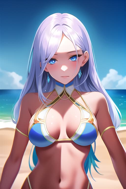  (:1.4), Stunning beautiful , silver hair, tan skin, blue , perfect body, sungles, on beach, masterpiece, (detailed face), (detailed clothes), f/1.4, ISO 200, 1/160s, 4K, unedited, symmetrical balance, in-frame, masterpiece, perfect lighting, (beautiful face), (detailed face), (detailed clothes), 1 , (woman), 4K, ultrarealistic, unedited, symmetrical balance, in-frame