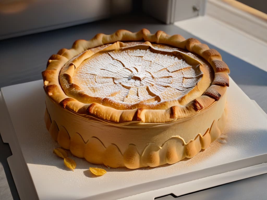  A closeup, ultradetailed image of a golden, flaky pie crust emerging perfectly baked from the oven, showcasing intricate layers and a glistening finish, set against a muted, minimalistic background to emphasize the texture and craftsmanship of the baked goods. hyperrealistic, full body, detailed clothing, highly detailed, cinematic lighting, stunningly beautiful, intricate, sharp focus, f/1. 8, 85mm, (centered image composition), (professionally color graded), ((bright soft diffused light)), volumetric fog, trending on instagram, trending on tumblr, HDR 4K, 8K