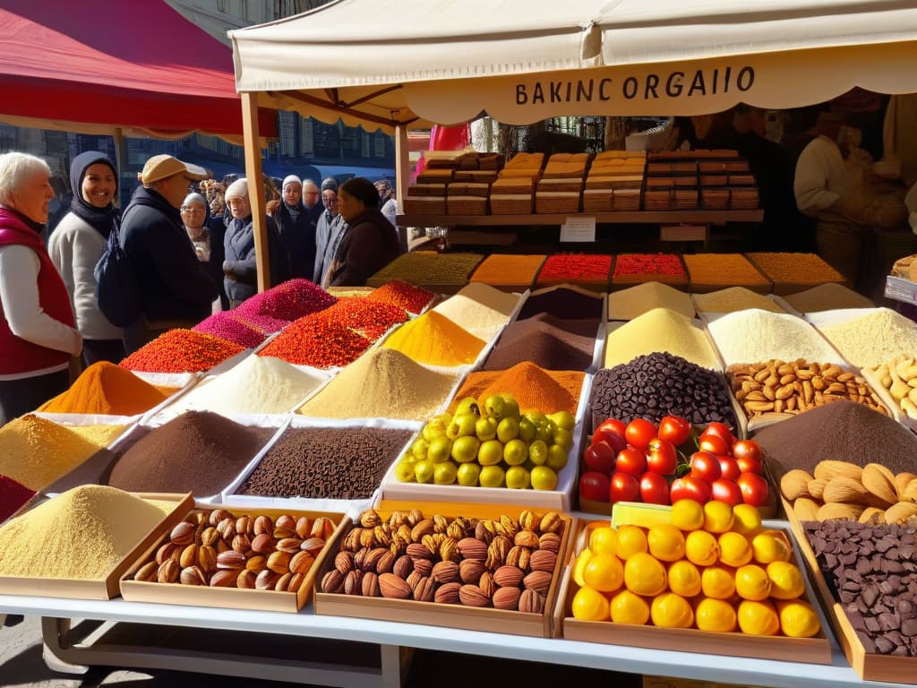  A photorealistic image of a bustling marketplace filled with colorful stalls overflowing with organic and fair trade baking ingredients. The vendors are smiling warmly as they display rows of vibrant fruits, nuts, spices, and chocolates, all labeled with origin details and fair trade certifications. The sunlight casts a golden glow over the scene, enhancing the rich textures and inviting the viewer to step into this world of ethically sourced culinary delights. hyperrealistic, full body, detailed clothing, highly detailed, cinematic lighting, stunningly beautiful, intricate, sharp focus, f/1. 8, 85mm, (centered image composition), (professionally color graded), ((bright soft diffused light)), volumetric fog, trending on instagram, trending on tumblr, HDR 4K, 8K