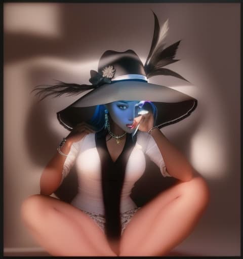  a colorfully presented, 3d picture of A woman in a hat with features who is sitting on the ground, with a black body, and a white face, shadow reflecting, , hyperrealistic, high quality, highly detailed, perfect lighting, intricate, sharp focus, f/1. 8, 85mm, (centered image composition), (professionally color graded), ((bright soft diffused light)), trending on instagram, HDR 4K, 8K