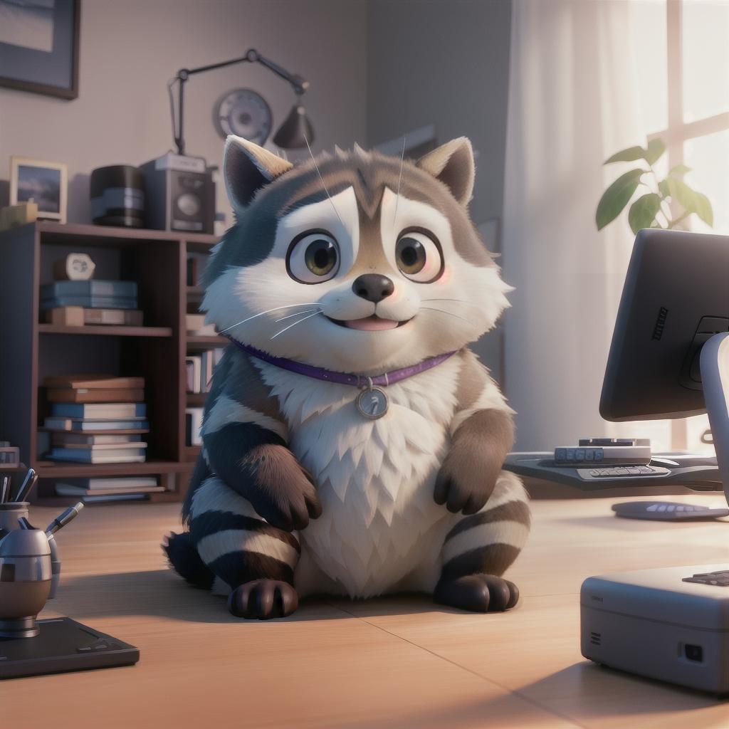  raccoon sitting in gaming chair front a computer on desktop, ((semi anthropomorphic)),(full body), tail, belly, sitting, fat, (chubby), (((white background))), solo, desktop, gaming chair, side view,  [[[clothes]]] hyperrealistic, full body, detailed clothing, highly detailed, cinematic lighting, stunningly beautiful, intricate, sharp focus, f/1. 8, 85mm, (centered image composition), (professionally color graded), ((bright soft diffused light)), volumetric fog, trending on instagram, trending on tumblr, HDR 4K, 8K